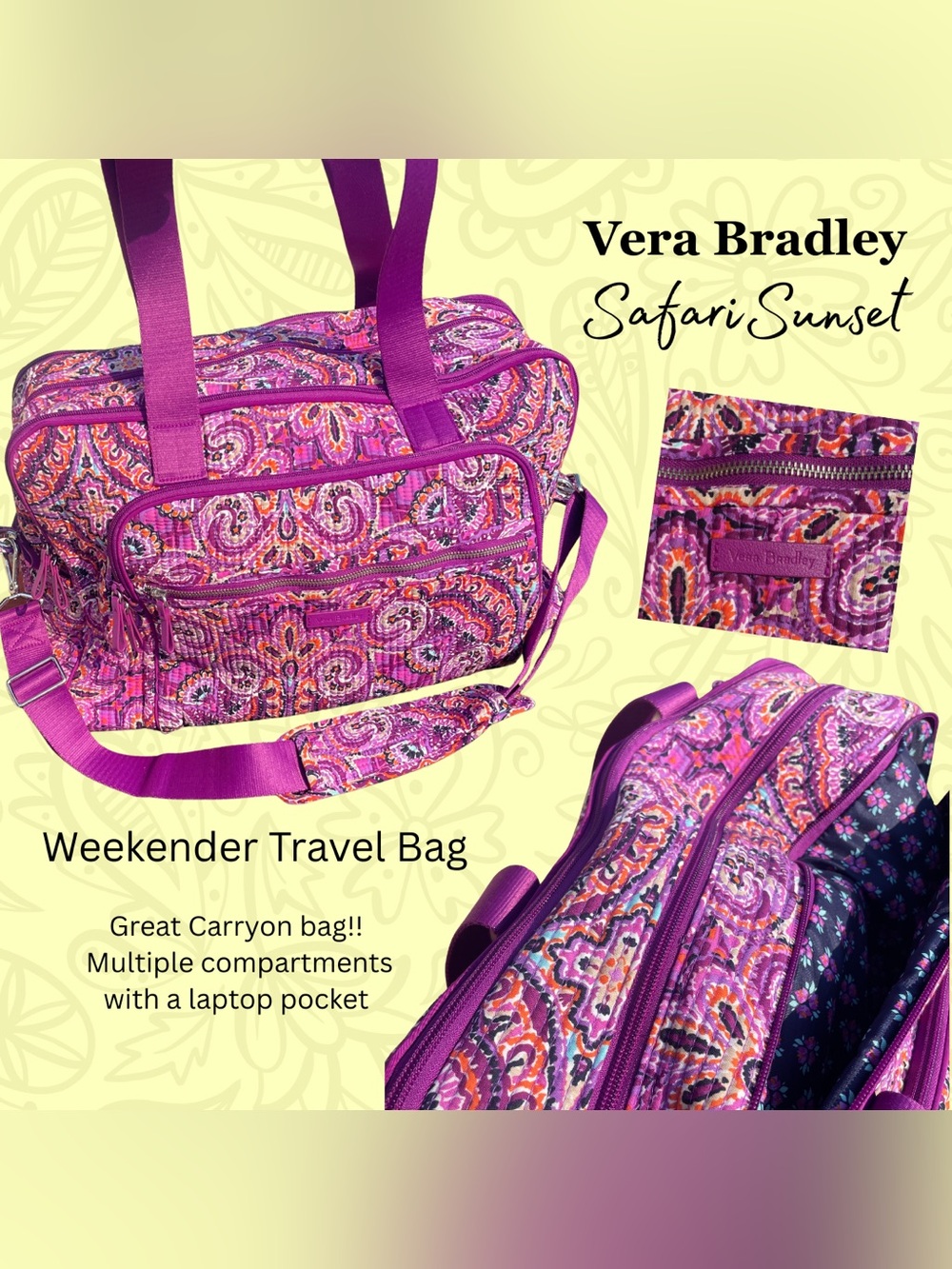 Vera Bradley Safari Sunset Weekender Travel carryon Bag with triple compartments